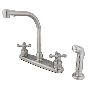 Kingston Brass Victorian High Arch Kitchen Faucet with Cross Handles and Sprayer, Satin Nickel Kitchen Faucet Kingston Brass